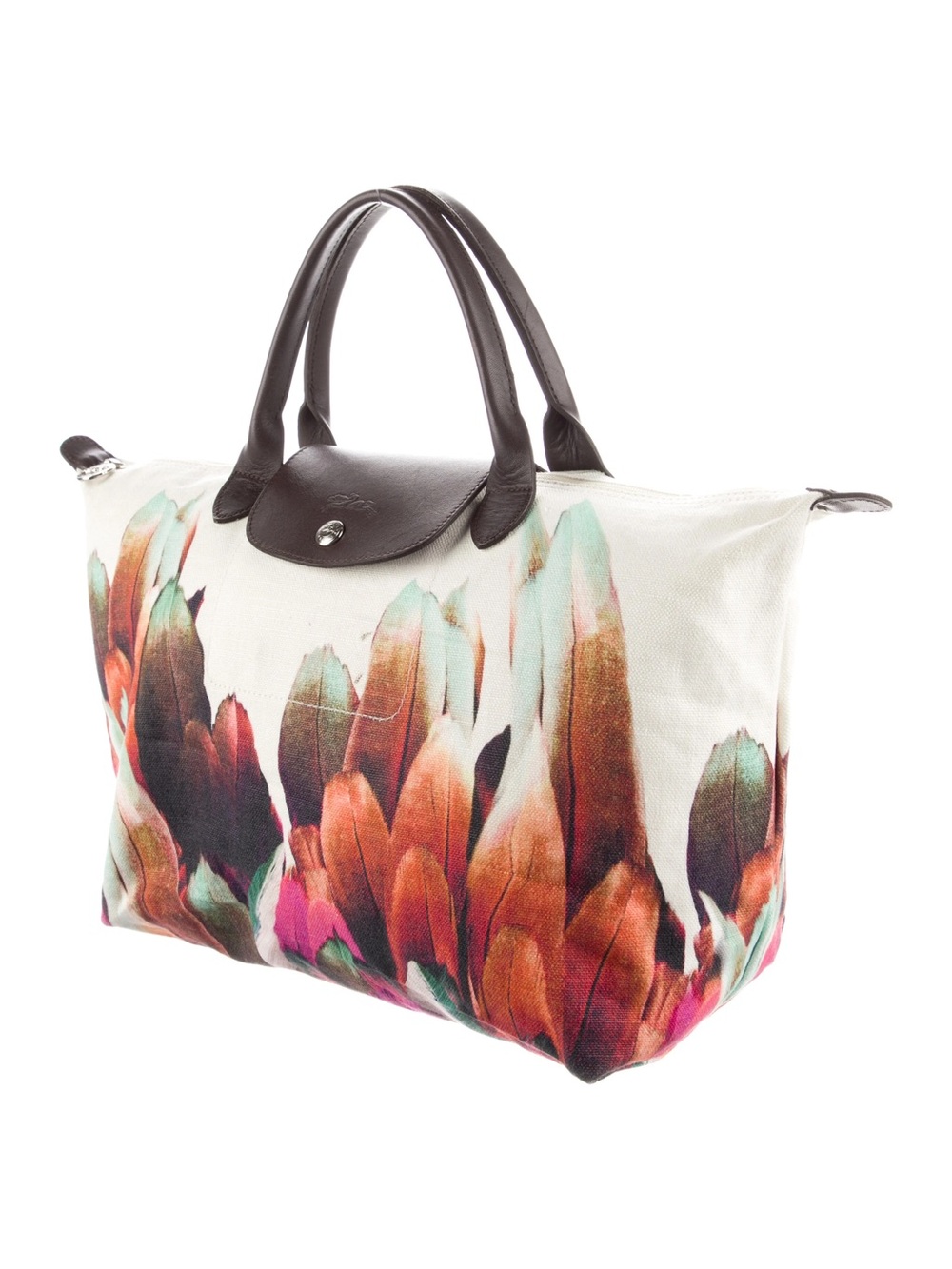 Longchamp Cream Canvas Tote with Multicolor Feather Print and Dark Brown Trim - Picture 2 of 3